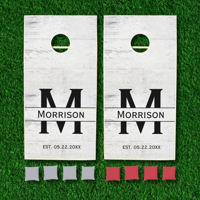 White Washed Wood Monogram Family Name Cornhole Set (Creator Uploaded)