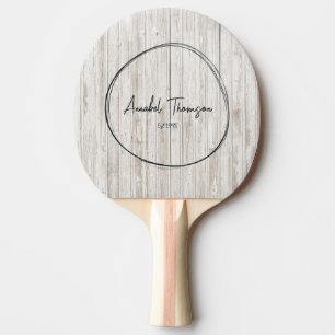 White Washed Wood Name in Drawn Circle Ping Pong Paddle