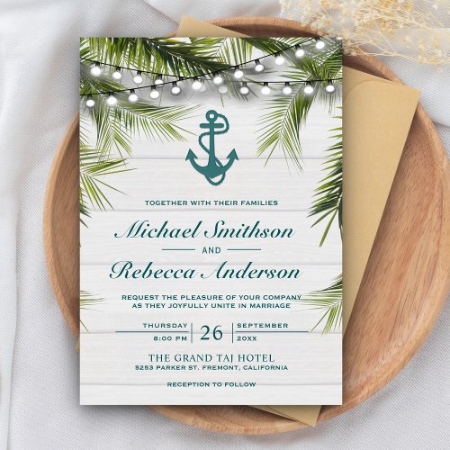 White Washed Wood Palm Leaves Teal Anchor Wedding Invitation