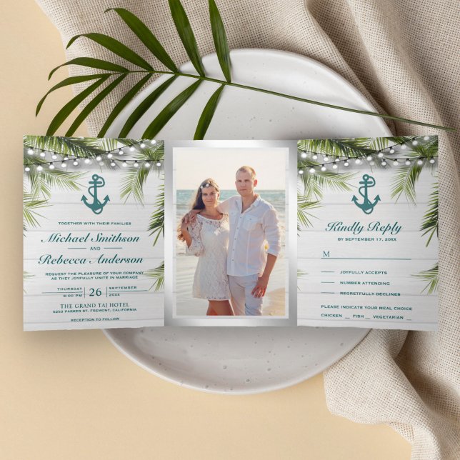 White Washed Wood Palm Leaves Teal Anchor Wedding Tri-Fold Invitation (Creator Uploaded)