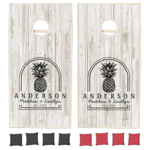 White Washed Wood Pineapple Wedding Arch & Name Cornhole Set