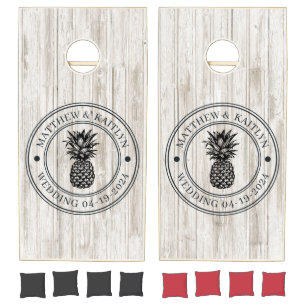 White Washed Wood Pineapple Wedding Crest & Names Cornhole Set