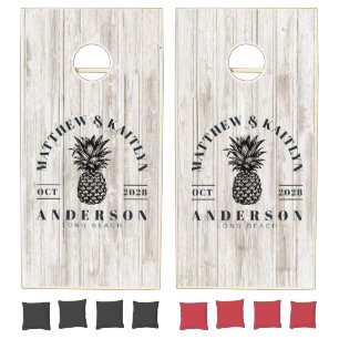 White Washed Wood Tropical Pineapple Wedding Crest Cornhole Set