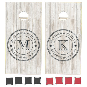 White Washed Wood Wedding Monogram Star Cornhole Set