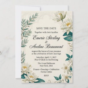 White Water Lilies, Clematis, Botanical Foliage, G Invitation