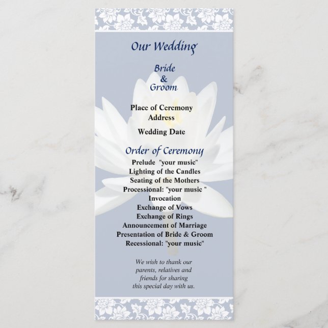 White Water Lilies in Sunshine Wedding Program (Front)