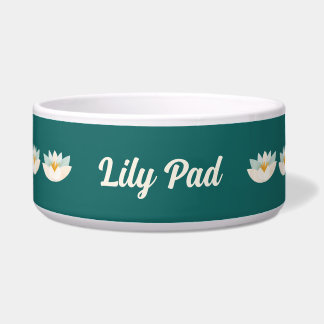 White Water Lilies on Teal with Name Cat or Dog - Bowl