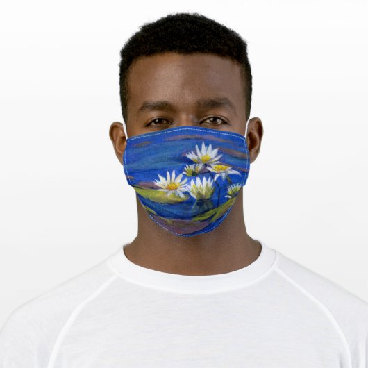 White Water Lillies on Dark Blue Water FACE MASK (Worn)