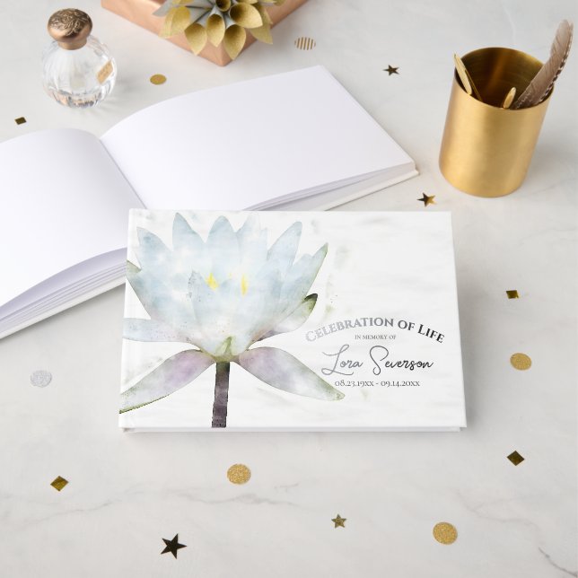 White Water Lily Celebration of Life Funeral Foil Guest Book (Front Open)