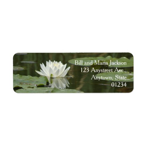 White Water Lily Flower Pads Reflection in Pond Label