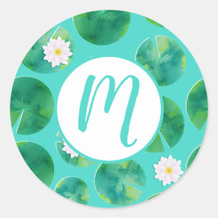 White Water Lily Flowers & Lily Pad Pattern Classic Round Sticker
