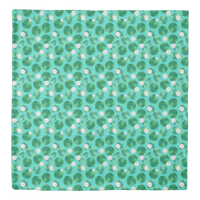 White Water Lily Flowers & Lily Pad Pattern Duvet Cover (Front)