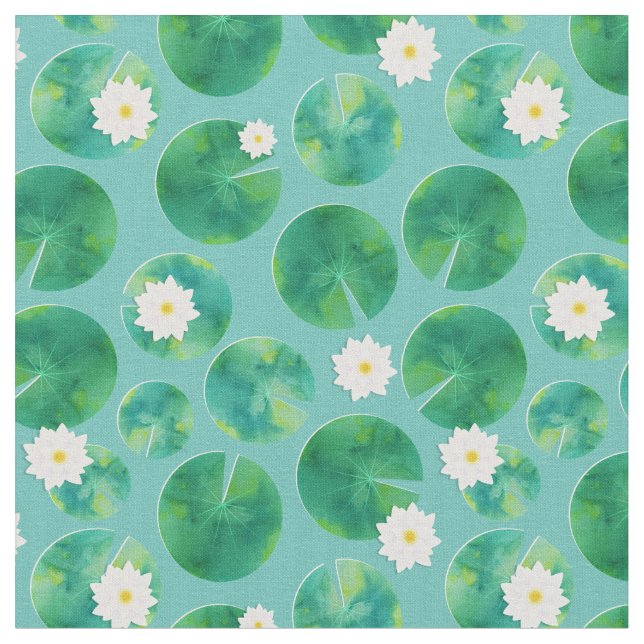 White Water Lily Flowers & Lily Pad Pattern Fabric (Close Up)