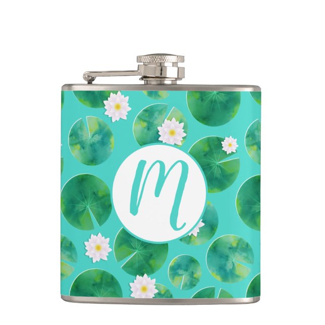 White Water Lily Flowers & Lily Pad Pattern Flask (Front)