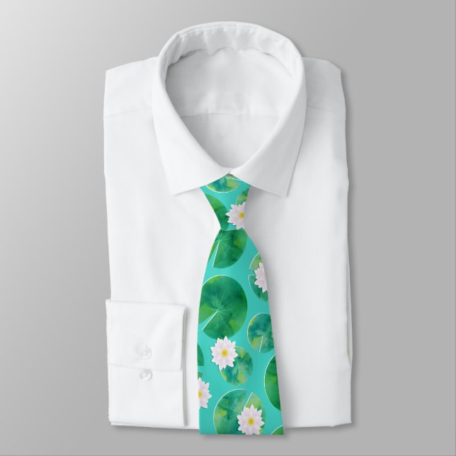 White Water Lily Flowers & Lily Pad Pattern Neck Tie (Tied)