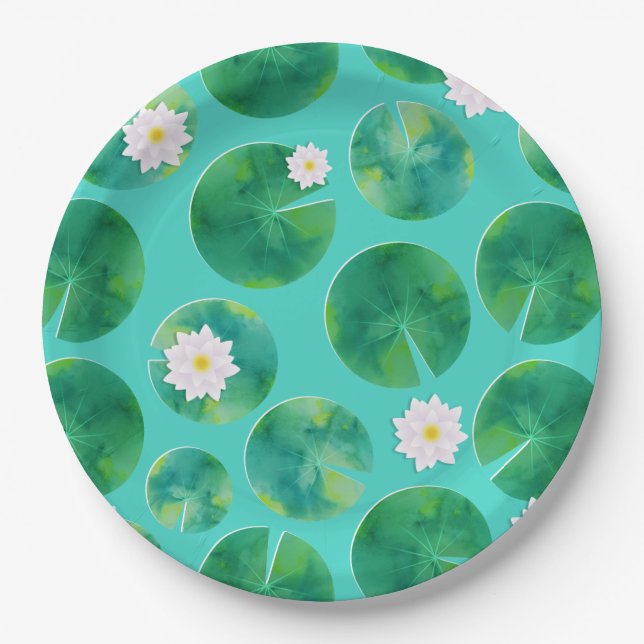 White Water Lily Flowers & Lily Pad Pattern Paper Plates (Front)
