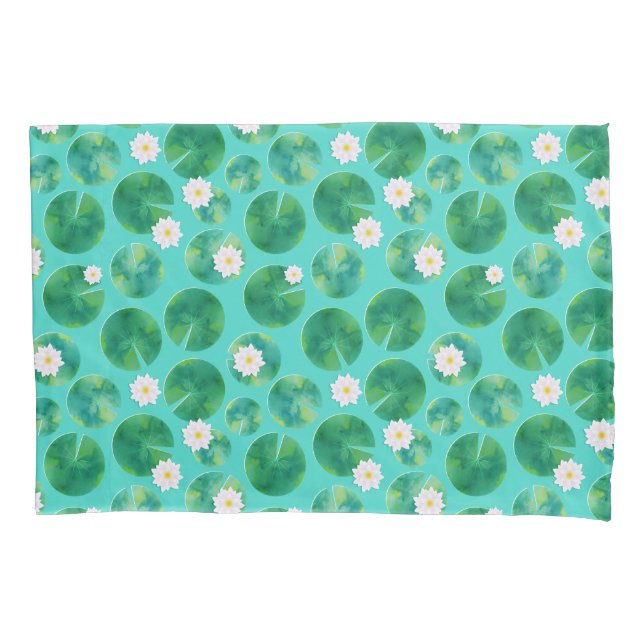 White Water Lily Flowers & Lily Pad Pattern Pillow Case (Front)