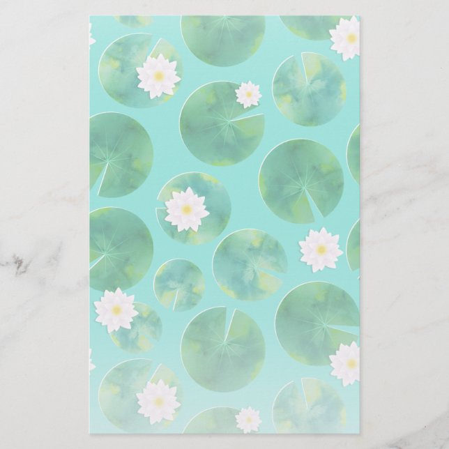 White Water Lily Flowers & Lily Pad Pattern Stationery (Front)