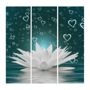 White Water Lily Lotus Flower & Hearts Artwork Triptych