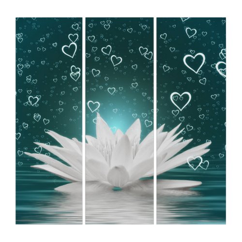 White Water Lily Lotus Flower  Hearts Artwork Triptych