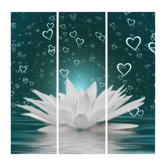 White Water Lily Lotus Flower & Hearts Artwork Triptych (Front)