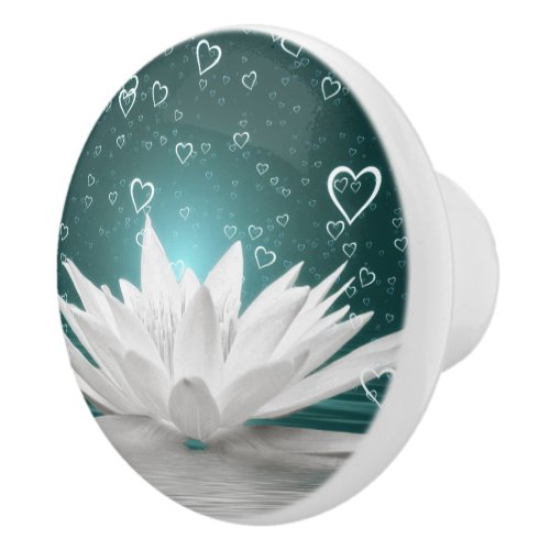 White Water Lily Lotus Flower Hearts Dresser Ceramic Knob