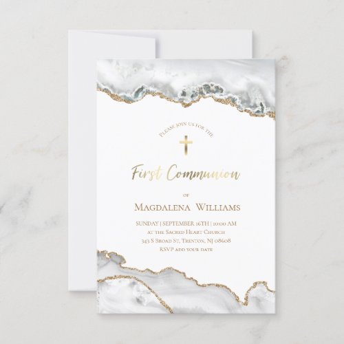 white watercolor agate  First Communion Invitation