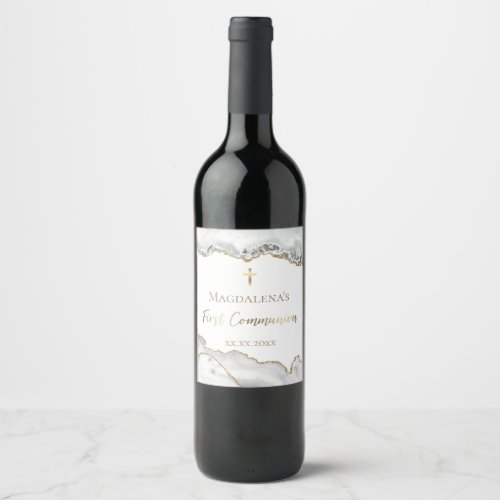 white watercolor agate  First Communion Wine Label