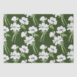 White watercolor anemone flowers on green tissue paper