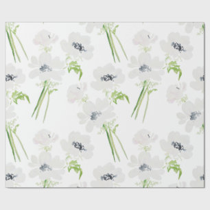 White watercolor anemone flowers on white wrapping paper