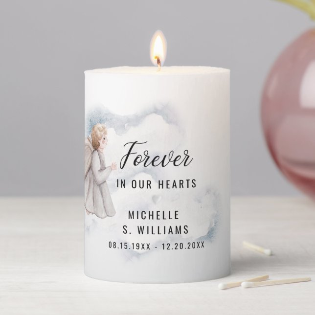 White Watercolor Angel Memorial  Pillar Candle (In Situ)