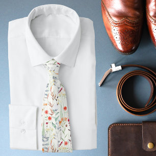 White Watercolor Botanical Floral Wedding Neck Tie
