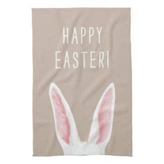 White Watercolor Bunny Ears On Beige Happy Easter Kitchen Towel