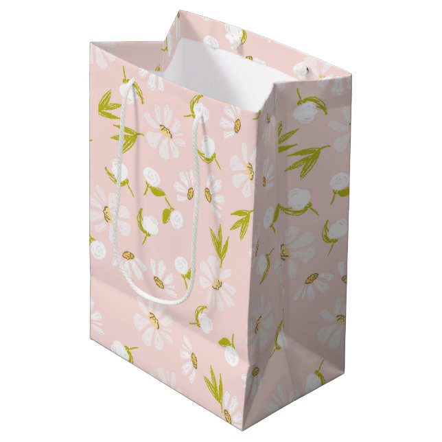 White Watercolor Daisies On Pink  Medium Gift Bag (Front Angled)