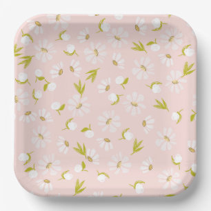 White Watercolor Daisies On Pink Paper Plates