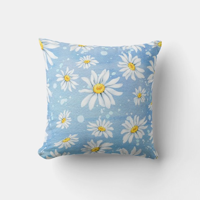 White Watercolor Daisies Throw Pillow (Front)