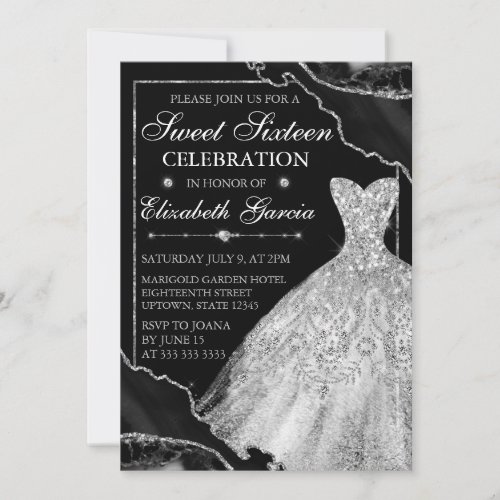 White Watercolor Dress  Glitter Agate Sweet 16 Invitation