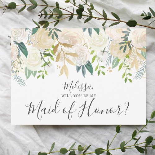 White Watercolor Floral Be My Maid Of Honor Invitation