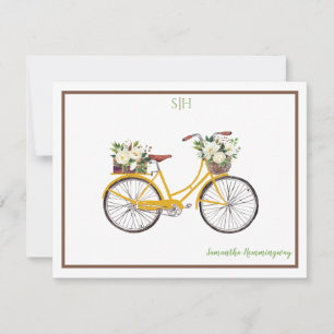 White Watercolor Floral Bicycle Monogram Name Note Card
