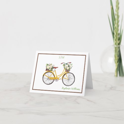 White Watercolor Floral Bicycle Name Monogram Thank You Card