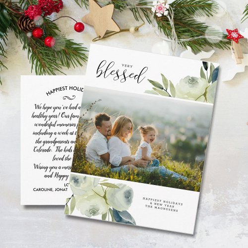 White Watercolor Floral Blessed Holiday Photo Postcard