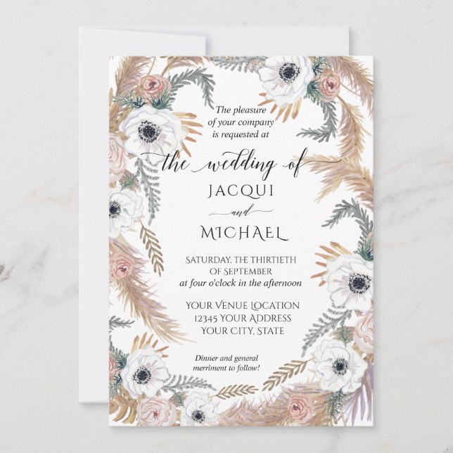 White Watercolor Floral BOHO Pampas Grass Tropical Invitation (Front)