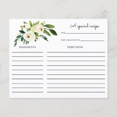 White Watercolor Floral Bridal Shower Recipe card