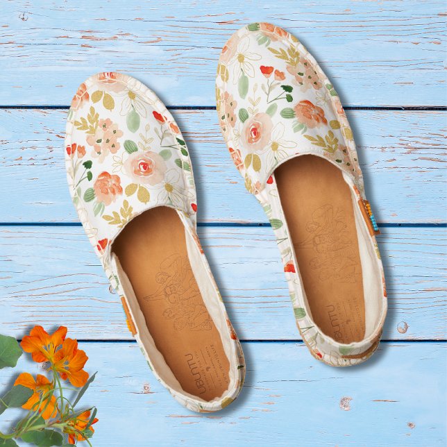 White Watercolor Floral Gold Glitter Pattern Espadrilles (Creator Uploaded)