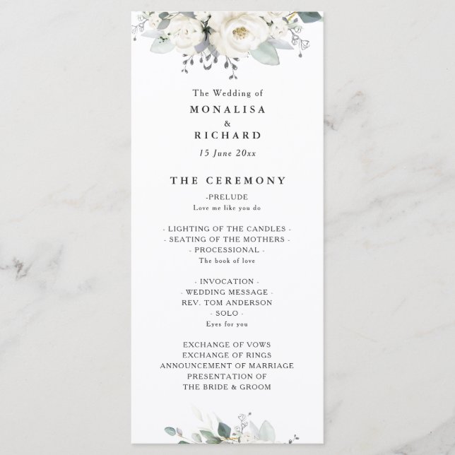 White watercolor floral greenery wedding program (Front)