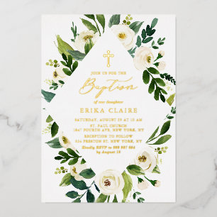 White Watercolor Floral Leaves Frame Baptism Foil Invitation