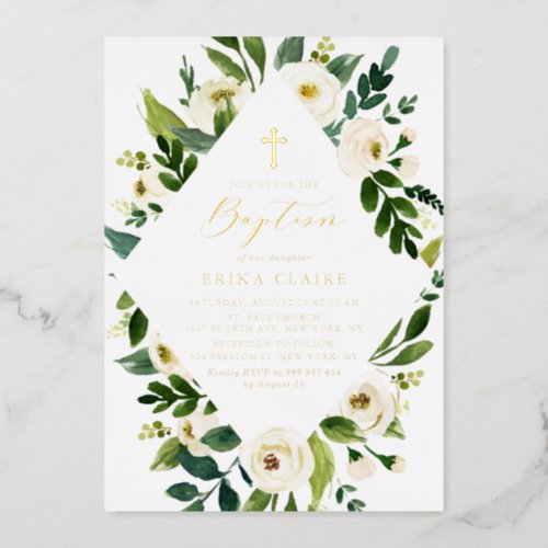 White Watercolor Floral Leaves Frame Baptism Foil Invitation