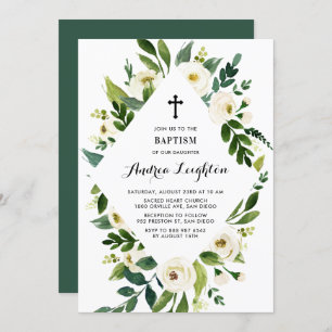 White Watercolor Floral Leaves Frame Baptism Invitation