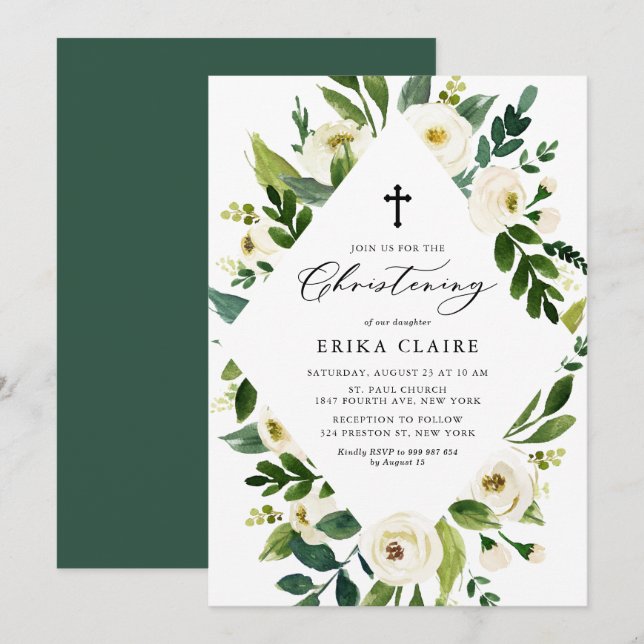 White Watercolor Floral Leaves Frame Christening Invitation (Front/Back)