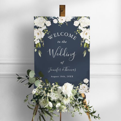 White Watercolor Floral Navy Wedding Welcome Sign